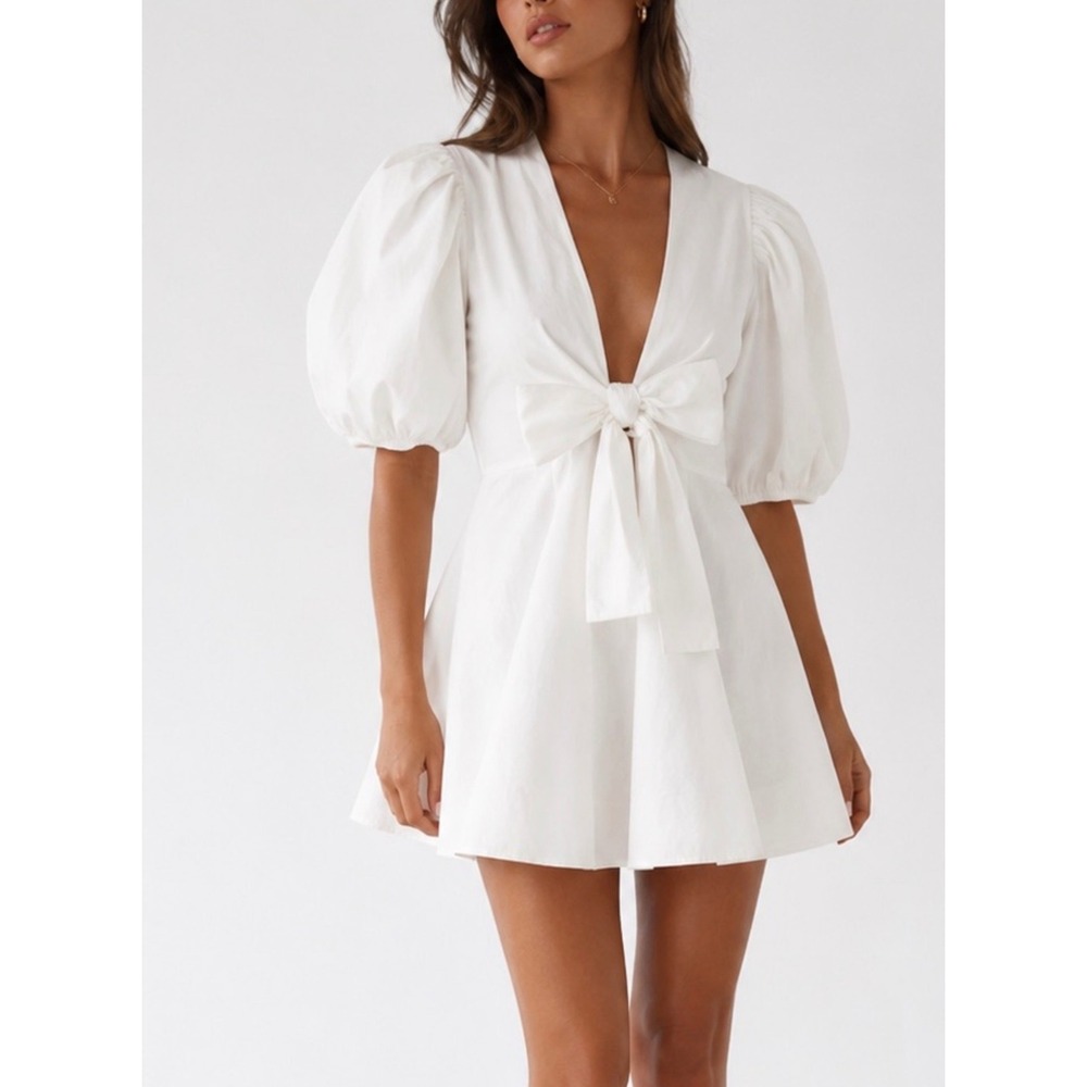 Choosy White Puff Sleeve Bow Front V-Neck Mini Dress Large